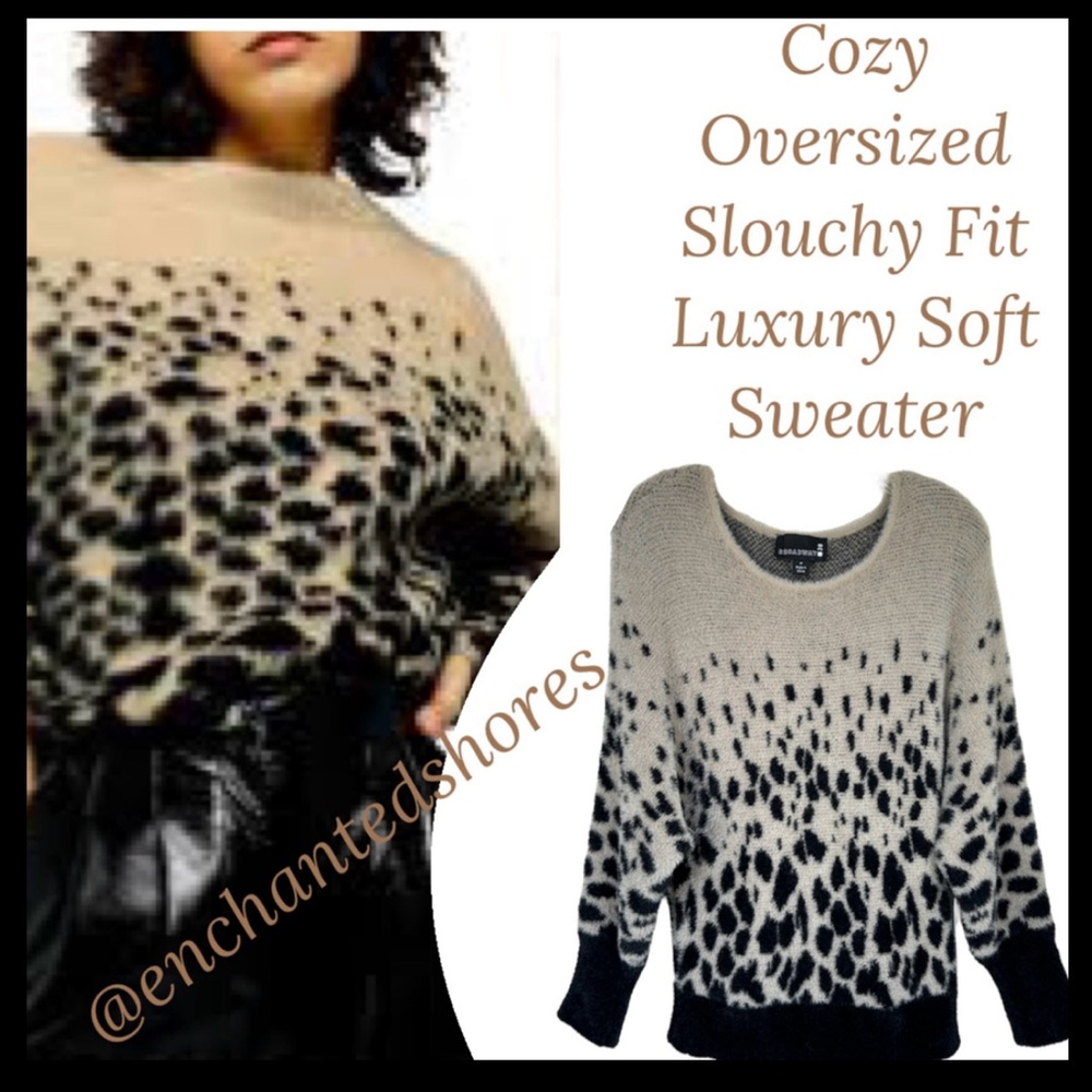 Leopard Print Luxury Sweater Soft Cashmere Velvet Like Black Ivory Size Medium